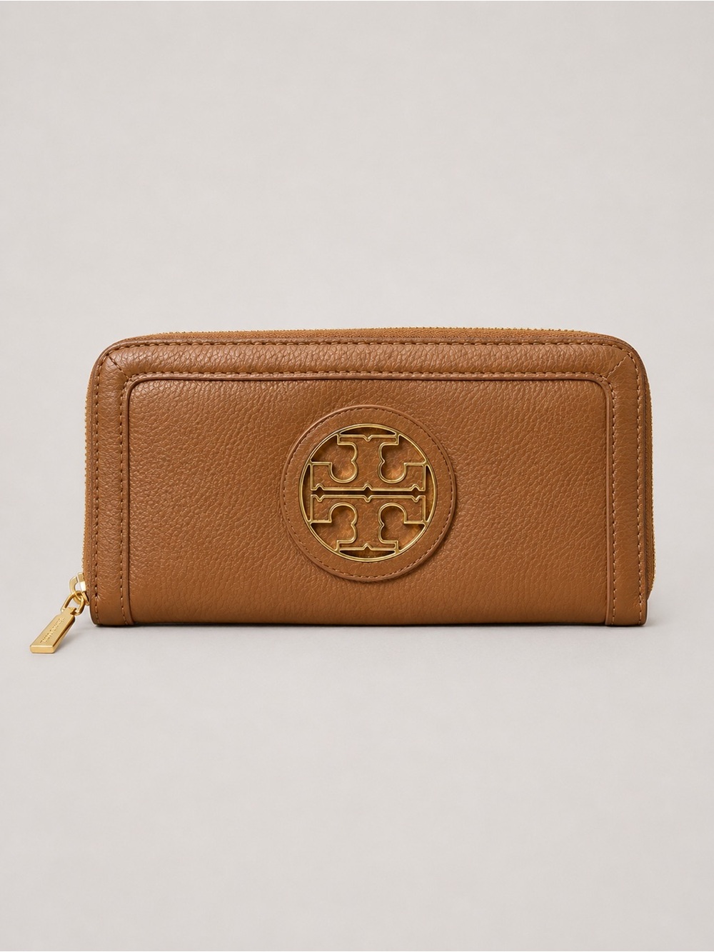 Tory Burch Tan Pebbled Leather Zip Around Wallet Women’s Brown Continental